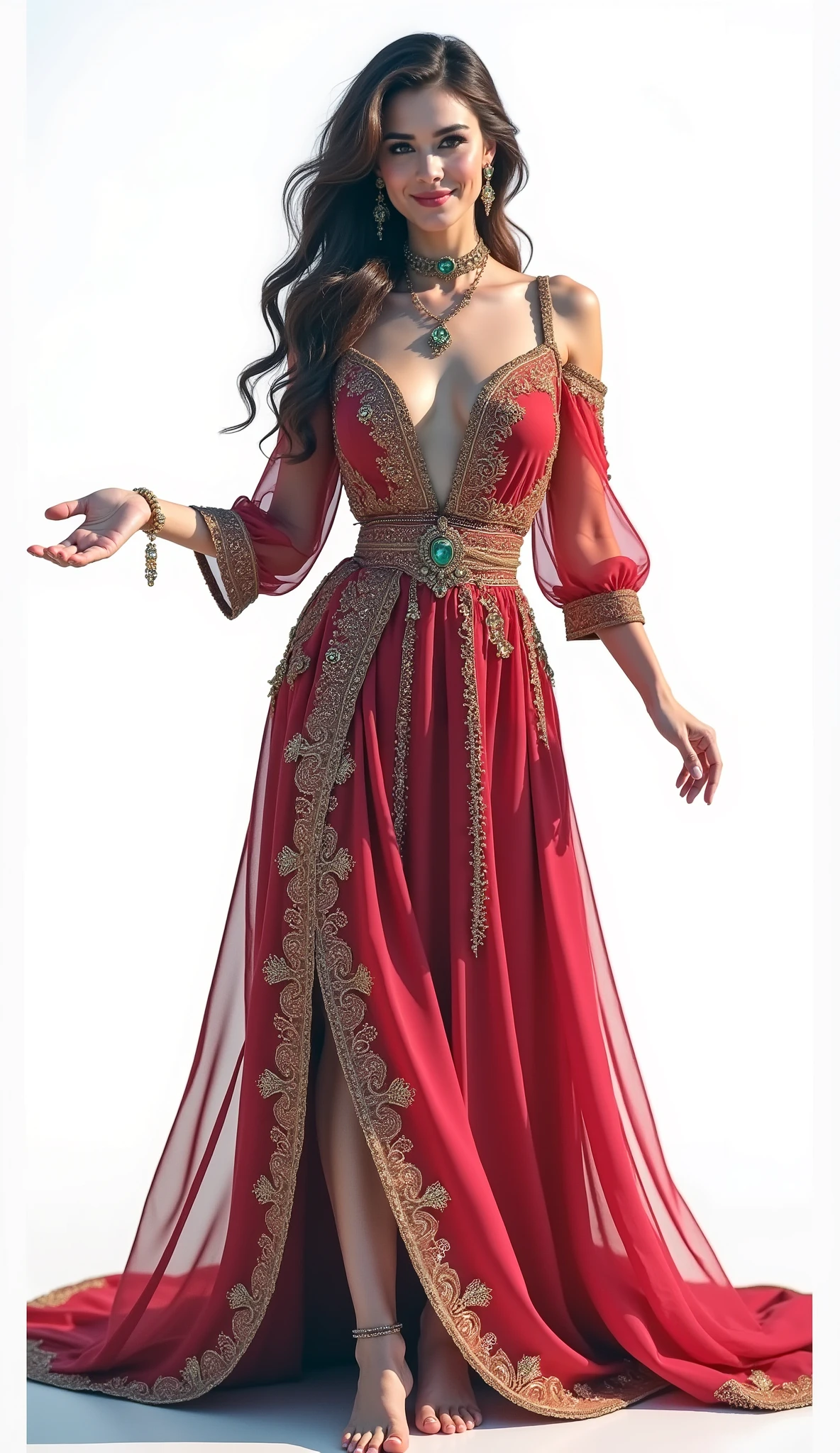a white woman with short blond hair and golden eyes. She wears a short brown dress, a jade belt, necklaces, earrings and rings with various jewels, she wears brown open heels and long socks on her right leg. She wears a purple and green scarf