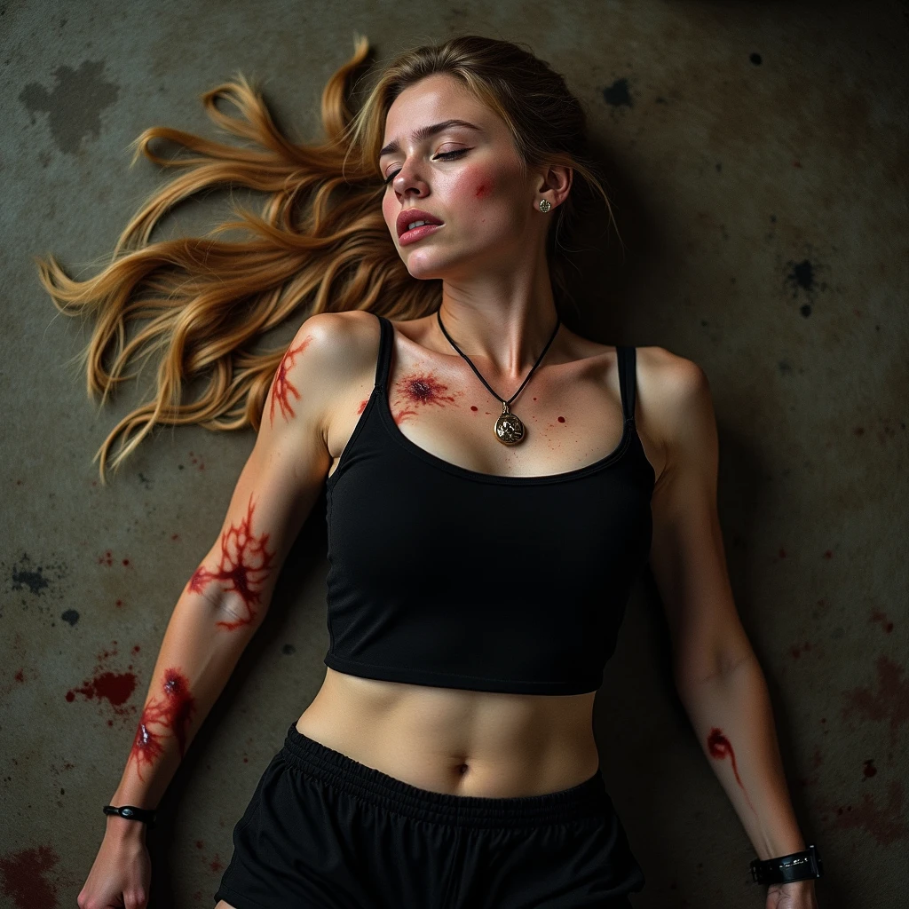((sexy three 20s blonde ukrainian girls)), black tight skinny jeans, belt, nike white air force one sneakers, topless, (((full view))), full body view, lying on the rubble, war torn city, dirty, wet skin, blood all over the body, scratches, bruise, sleeping, lifeless, eyes closed, mouth open, necklace, showing tits, wristwatch, bracelet, dead, showing armpit and belly button, corpse pose, separated to each other, scattered, street view, tortured