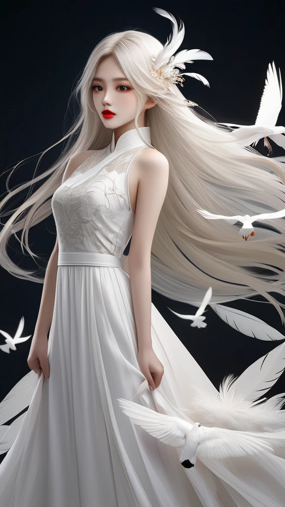 Chinese , 1girl, white long hair, beautiful detailed lips, white long dress, white feather and bird around, cool stand pose , พื้นหลังสีดำ , กลางคืน 