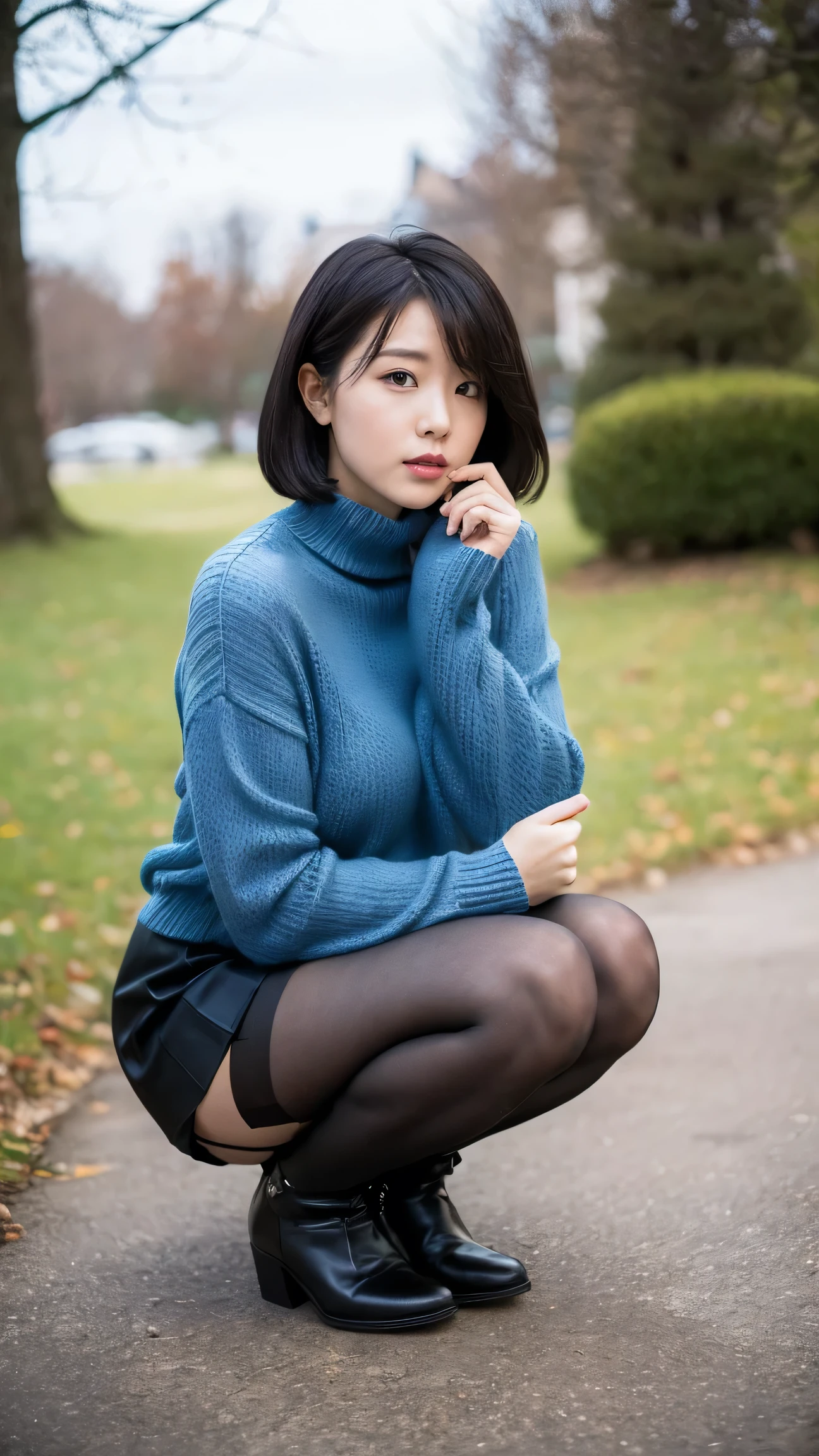 1girl, solo, underwear, panties, pantyhose, skirt, squatting, photo background, black hair, panties under pantyhose, blurry, blurry background, sweater, short hair, outdoors, black skirt, looking at viewer, realistic, black footwear, boots, turtleneck, day, parted lips, long sleeves, black pantyhose, pantyshot, white panties, depth of field, full body,lips, blue sweater