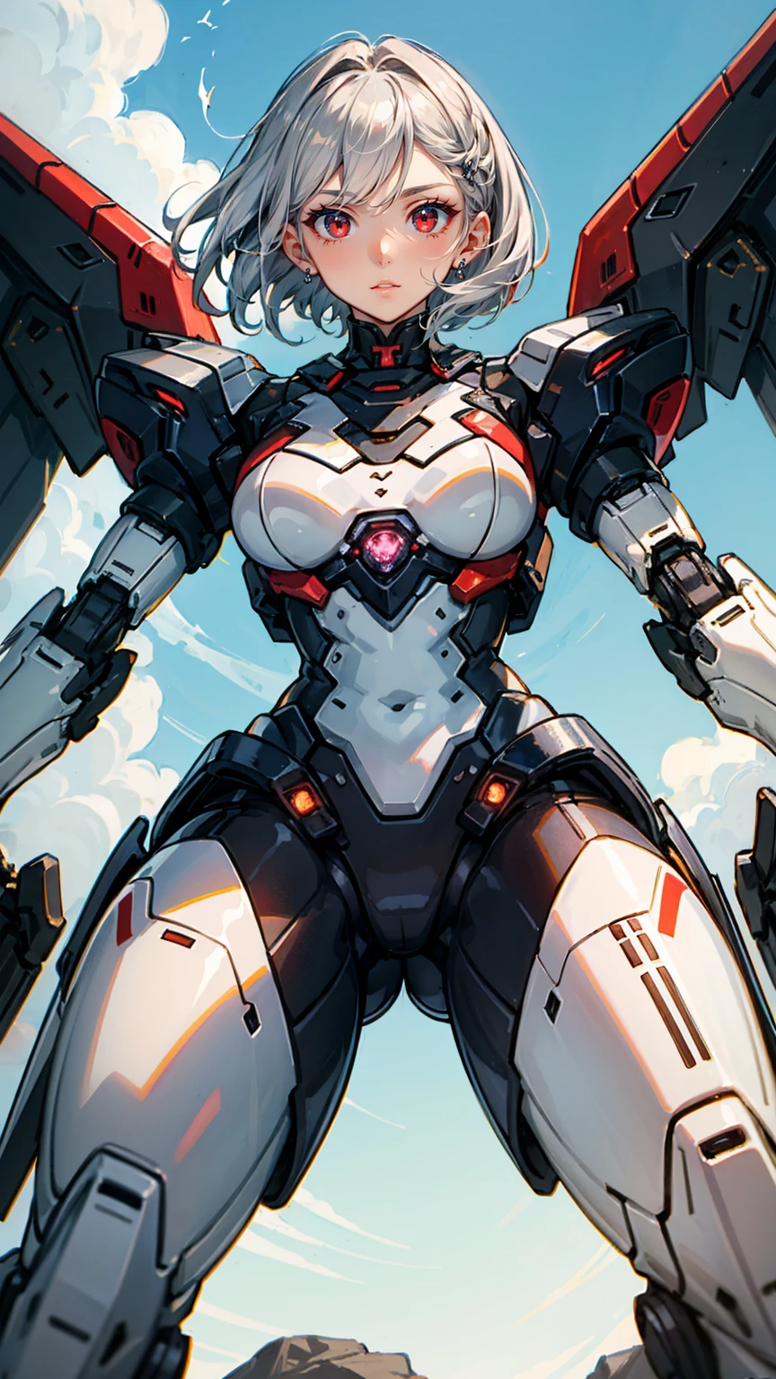 best quality,4k,8k,highres,masterpiece:1.2),ultra-detailed, extremely detailed eyes, extremely detailed body, (large masterpiece digital art), (detailed manga illustration), (detailed line art), ((perfect anatomy)), high quality, expressive eyes, full body, tall girl, detailed face, beautiful face, perfect face, breasts, cleavage, gloves, A photograph of mid-twenties Japanese female android made of shiny white and silver translucent glass and plastic, geisha makeup and hairstyle, silver metal internal body mechanisms, dynamic pose, flowing organic construction, glowing golden circuitry, colorful neon trim, glowing circuitry, neon trim, depth of field focus f/2.8, art by H.R. Giger, Greg Rutowski, bodysuit, thick thighs, toned, emblem, cinematic lighting, dynamic lighting, 4k resolution, dynamic pose, weapon, energy weapon, cover, mecha musume, fortified suit, mechanical parts, headgear, robot joints, bodysuit, deva battle suit, gloves,