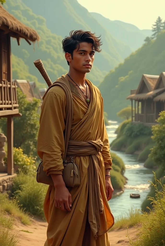 In the peaceful, ancient village of Shambhala, surrounded by lush green mountains and sacred rivers, Kalki is shown as a young warrior in training. He is under the strict guidance of the sage Parashurama, who instructs him in the art of warfare and the principles of dharma. Kalki’s expression is one of determination and focus as he practices with traditional weapons like the sword and bow. The village has an aura of ancient wisdom, with stone temples and statues of gods in the background, symbolizing a place untouched by time but shadowed by the moral decay of the world beyond.