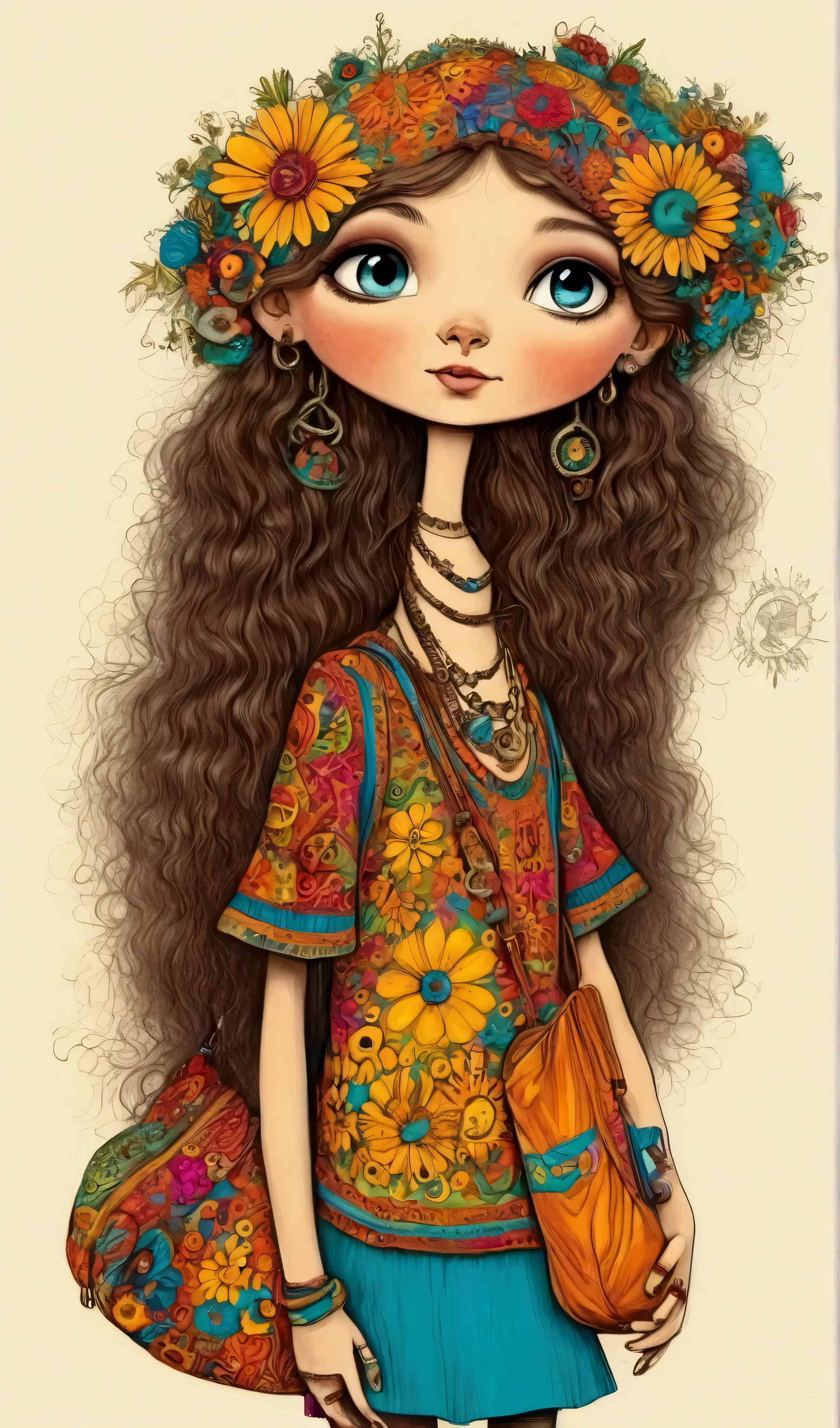 , un dibujo de una niña con un signo de la paz y un bolso, un boceto a lápiz de color inspirado en Ammi Phillips , cg society, ganador del concurso , toyism, Hippie girl, hippy, Hippie chic, Hippie fashion, hot summertime Hippie, 1 9 8 0 s flower power hippy, coloreado con muchos colores, coloreado en, Hippie, AniPnyXLQual, (negative_v2 Color_Balance_Calibration:0.8), eznegativexl,