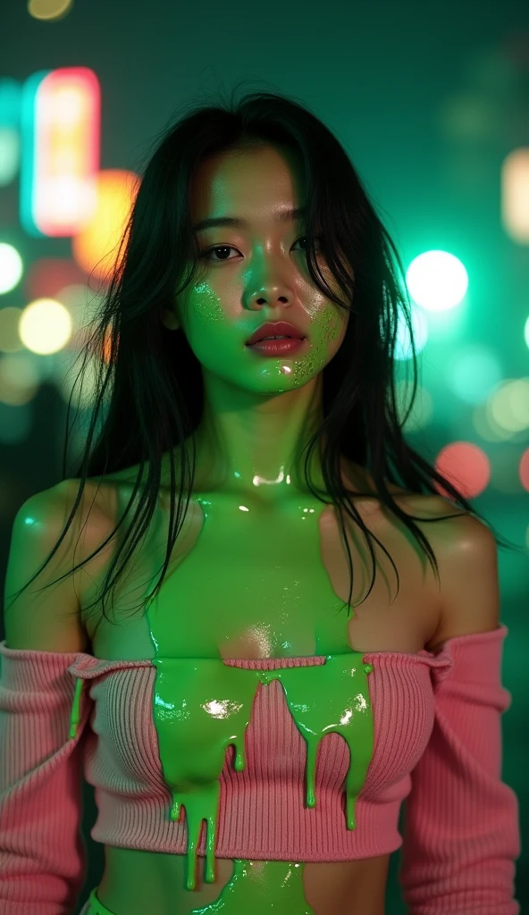 close up of a woman, bra, (beautiful south korean woman: 1.9), gorgeous young korean woman, beautiful young korean woman, (slime dripping down head: 1.9), (slime dripping down hair: 1.8), (slime dripping down body: 1.7)