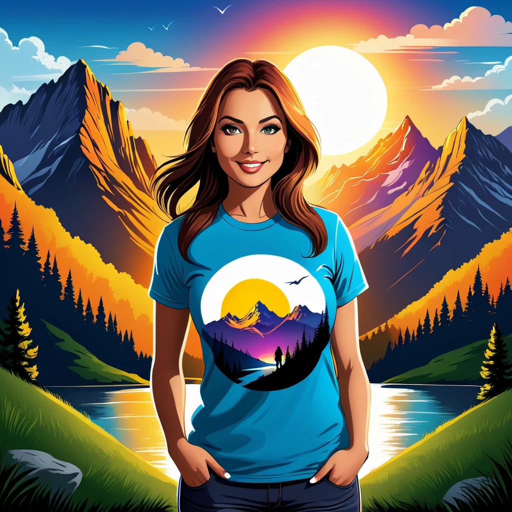 print ready vector t-shirt colorful design, adventure scene with explorer girl, with beautiful nocturnal sun and mountain in the background, clean white background, professional vector, full shot, 8K resolution, deep impression illustration