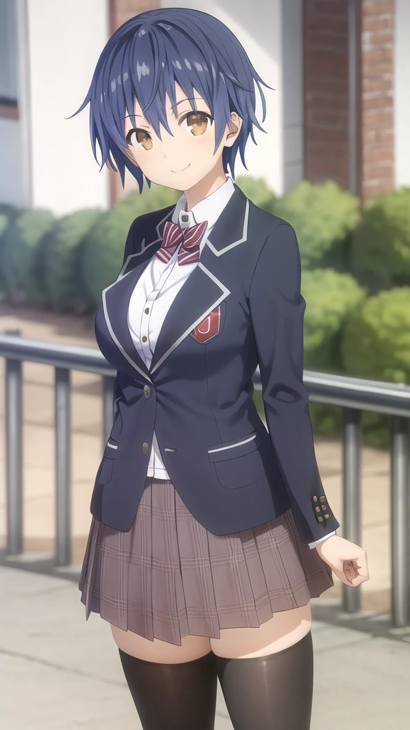 itsuka shido, girl, solo, blue hair, Brown eyes, smile, large breasts, red bow, striped bow, blazer, blue jacket, long sleeves, plaid skirt, brown skirt, black thighhighs, outdoors, cowboy shot, standing, looking at viewer