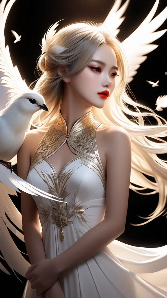 Chinese , 1girl, white long hair, beautiful detailed lips, white long dress, white feather and bird around, dinamic pose , Black background , night , My phoenix companion