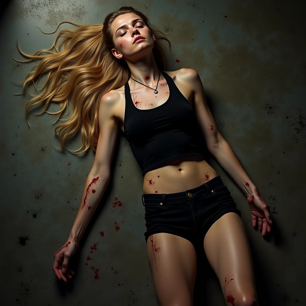Beautiful slim girl with long blond hair and blue eyes. Dziewczyna ma czarne spodnie potargane. Czarny top. There are traces of blood and bruises visible on her stomach.. The girl's face shows obvious pain..
