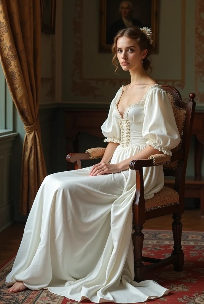  A beautiful woman, cute dark brown eyes, smooth white skin, beautiful silky black hair, beautiful colors, smooth drawing, clear picture, no blur, realistic drawing, realistic lighting, no distortion, complete realistic, realistic skin, old luxury mansion, yellow aesthetic, elegant dress, luxury dress, sitting in bed, Bridgerton aesthetic, luxurious quince dress, beautiful detail dress, big dress, flower exterior dress, big bottom dress