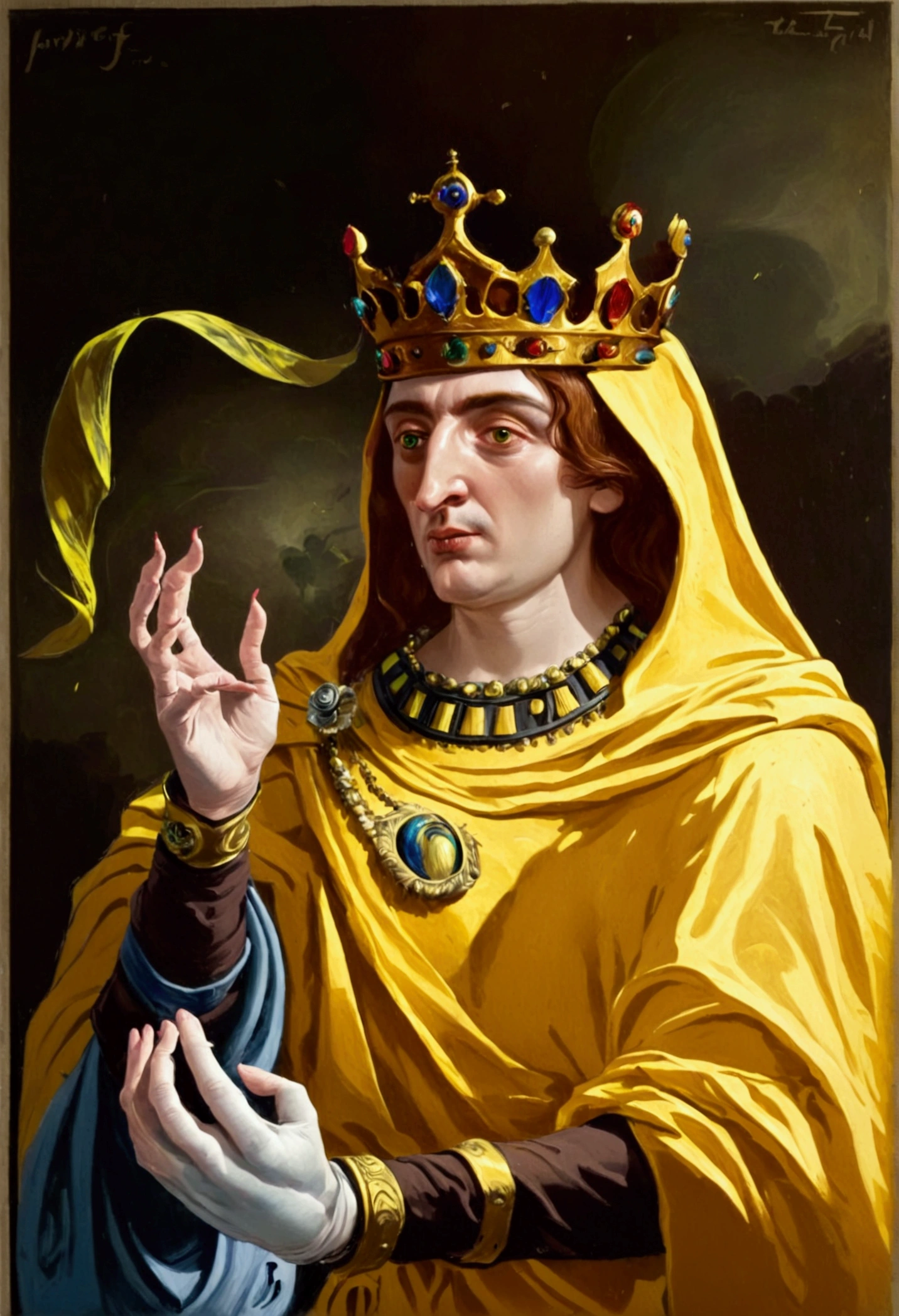 A painting of hastur the king in yellow, yellow-robed, beautiful male ,king in yellow, hastur the king in yellow, , portrait of hastur the king in yellow, the king in yellow,honoring hastur the king in yellow artwork, portrait of the god hastur,hastur,galactic deity, concept art of hastur the king in yellow, peter mohrbacher style,