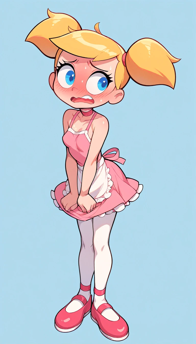 1girl, dee dee, blonde hair, short twintails, blue eyes, ballet dress, ballet shoes, small breasts, posing embarrassed, red face, embarrassed, Ashamed, Suspender Naked Apron 