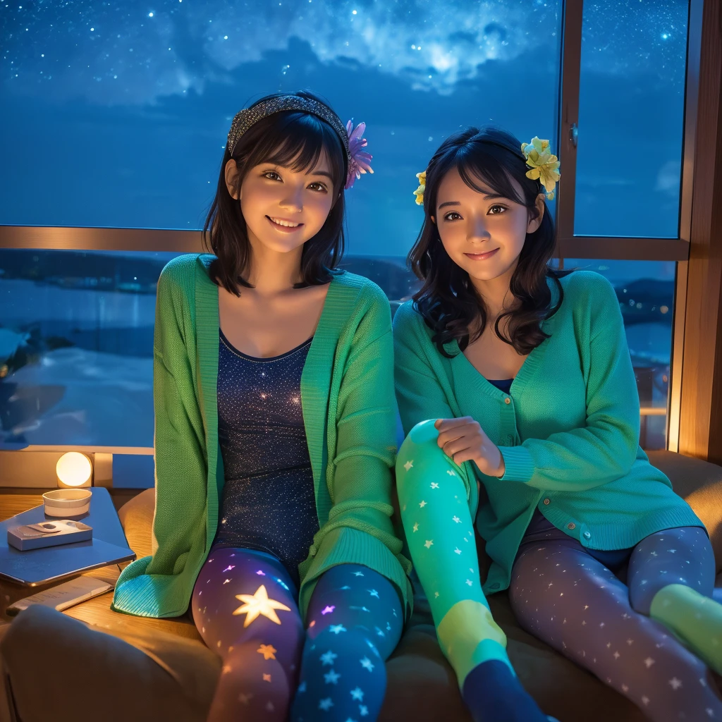 Two Women .(Nightsky.starry).window (8k)  Inside  room. (Selfee) .  colorful. cardigan. Pajama. Ribbon. Sofa sit. green light .socks. (leggings)shortcut hair(flower pattern ))longhair. Headband. Smile