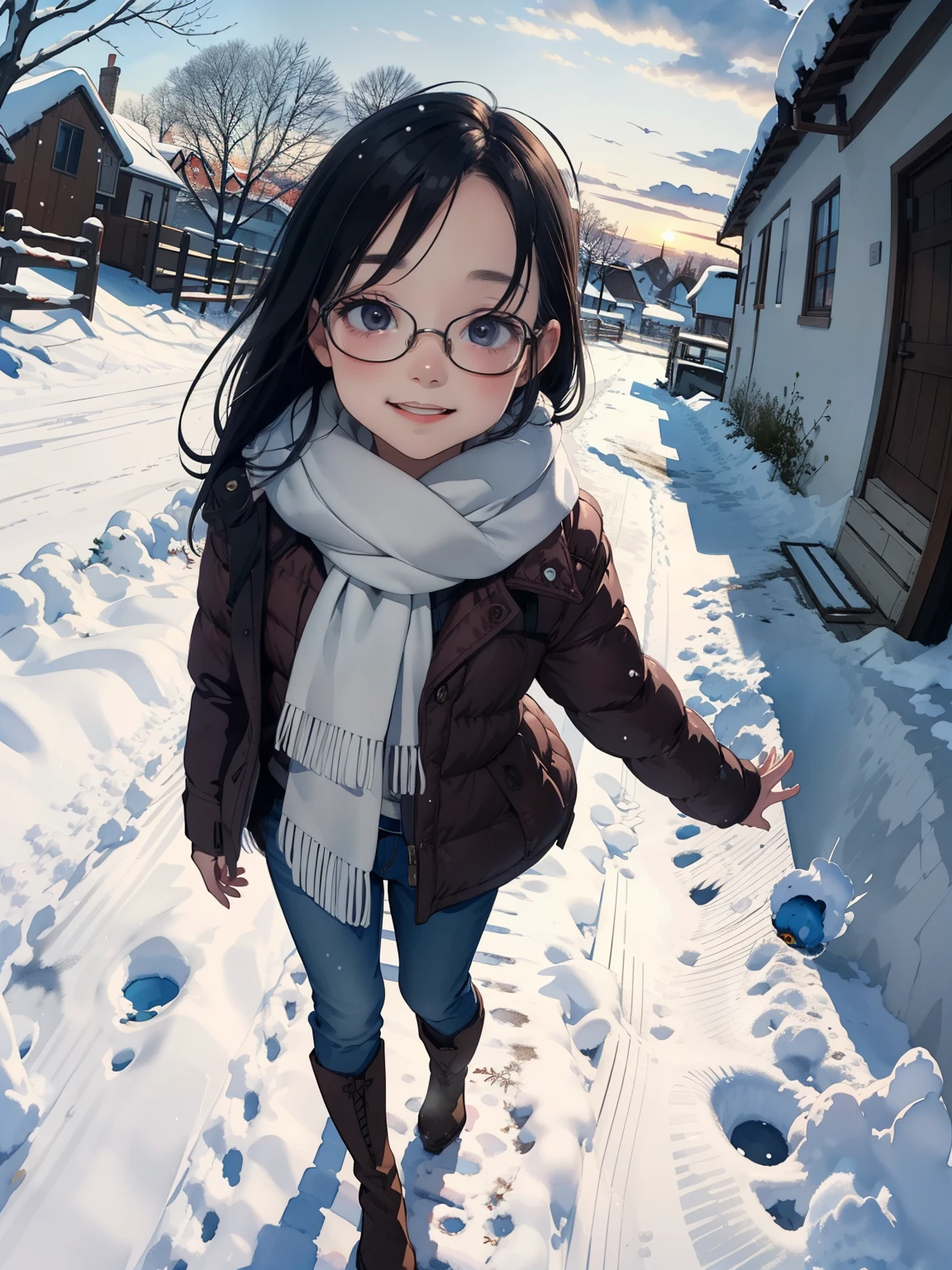 masterpiece，   best quality， High image quality ，(   super flat   ,     Flat Shading  )，   Fisheye Lens   ，Beautiful petite trained young mother and very cute trained daughter:1.25，    warm scarf， (naked)，Long Hair, Glasses，   boots, smile, smile, White Breath，fun, play, winter, snow, 新snow，dusk，   beautiful sunset   ，Wide angle,    bright color , watercolor, Ghibli Style，Strong winds，   girl&#39;Lure，