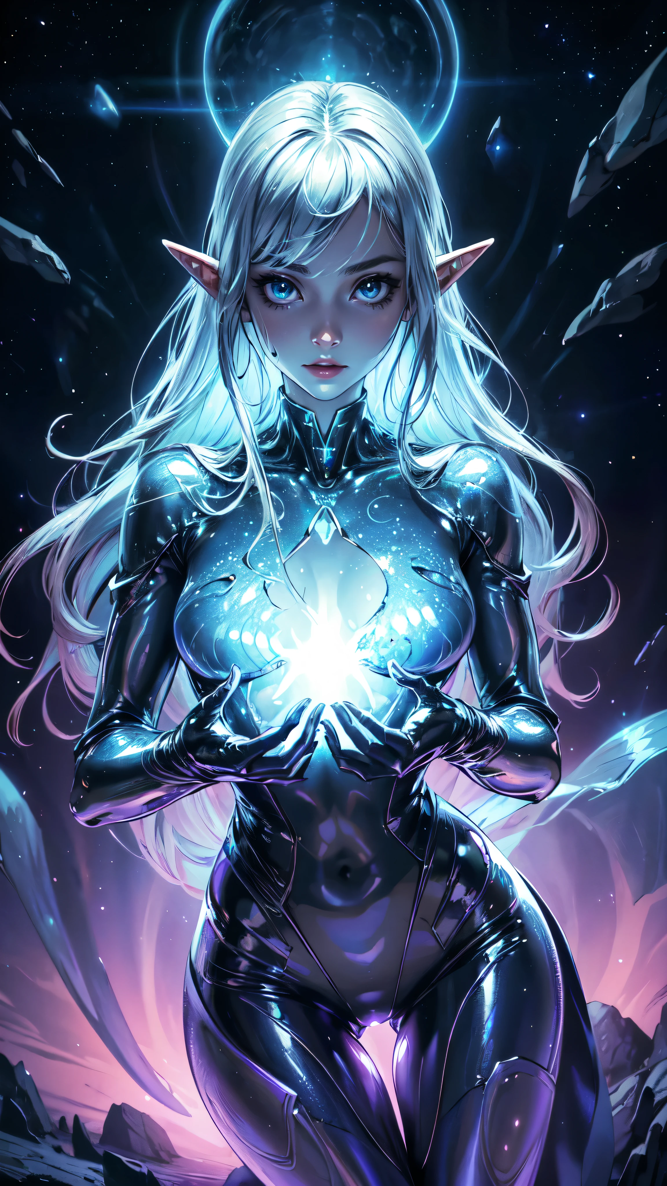 (highest quality,super detailed,realistic:1.37), Extraterrestrial life form, Shining, fantastic eyes, Complex alien features,[(((Alien with transparent skin like glass)))+purplish color], Bright colors, celestial background, Cosmic atmosphere, mysterious aura, existence of another world, starry sky, Glowing celestial bodies, interstellar beauty, fascinating light pattern, surrealist composition, Otherworldly brilliance.detailed face, detailed eyes, detailed hands, elf woman,wet,full bodyugsuit
