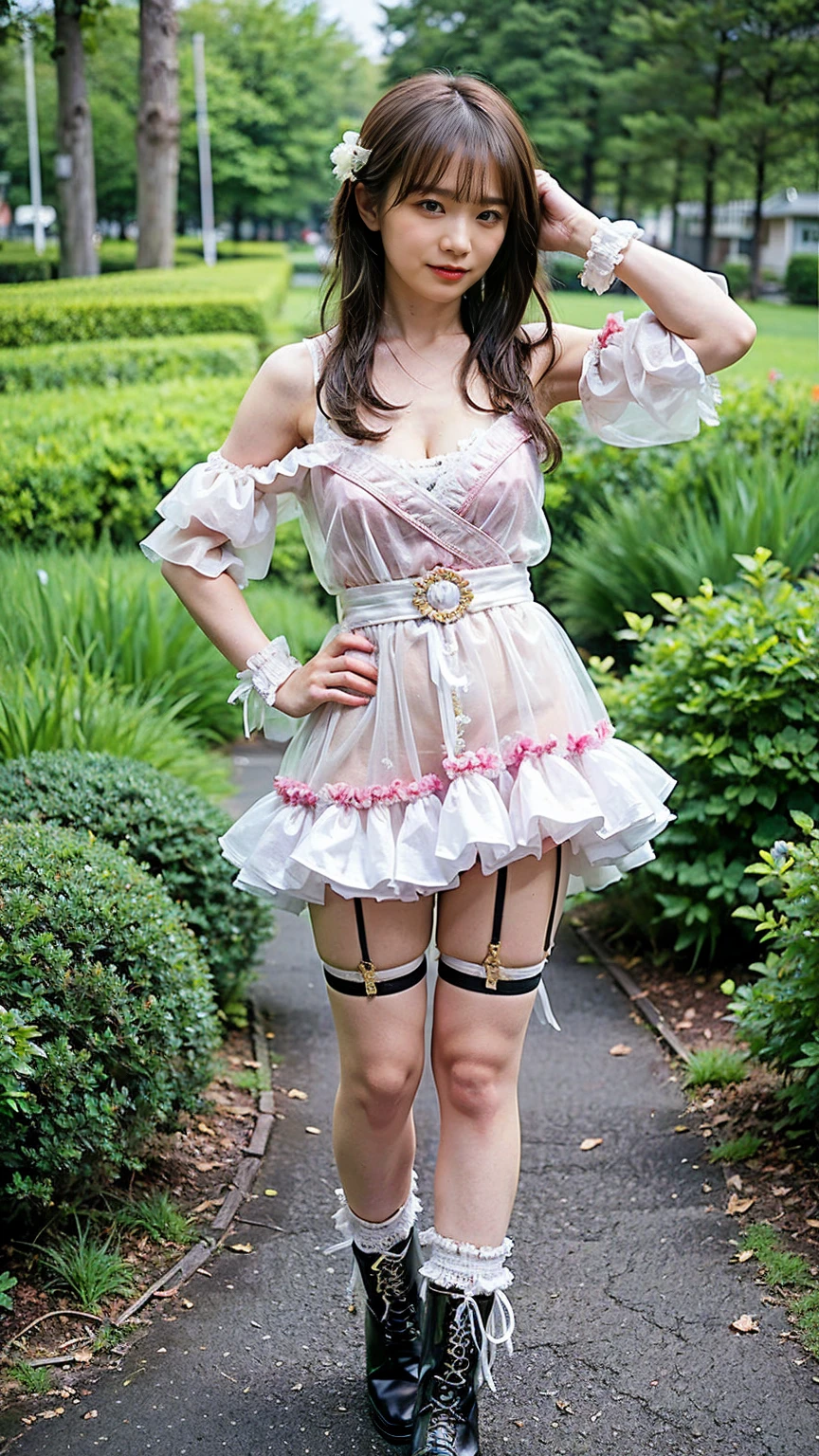 (nsfw), sexy stylish Swedish model, only 1 female, ((doll-like appearance)), short neon pink stylish hair, ((shiny Victorian-Style boots)), (big smile), ultra detailed eyes, vivid eye makeup, lip-gloss, long lashes, defined eyebrows, ((sexy Paradise Kiss cosplay)), bell-shaped skirt, petticoats, high neckline, puffed sleeves, ((ultra detailed lace)), ((ultra detailed embroidery)), intricate details, Paradise Kiss accessoires and matching headpiece, choker, ((large sparkling Paradise Kiss jewelry)), cinematic light, detailed large park background with trees