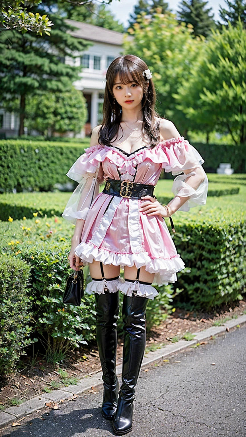 (8k、  RAW Photos from the Last Century 、 best quality、masterpiece:1.2)、(Realistic、Realistic)、1 person、((Black and Pink、silk off-the-shoulder、 see-through 、Frills、ribbon、 miniskirt、 Big Breasts 、 Thin legs、 cleavage、 garter belt、 boots 、  camera 、I'm standing with my hands on my hips、whole body )、cute