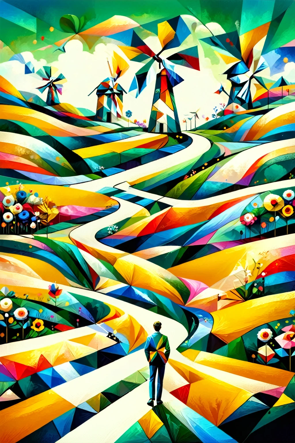 ral-colorswirl,ral-polygon,Golden fields,windmills,winding paths,a man standing on the road overlooking,flowers,green,white,