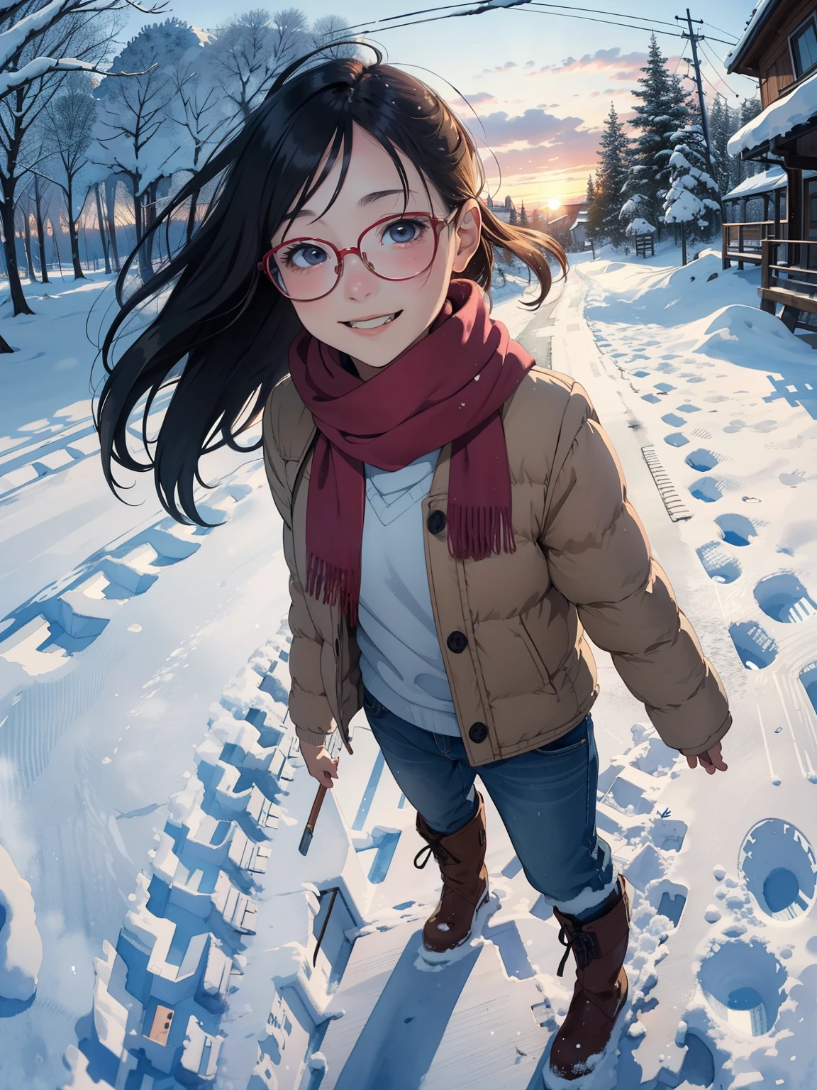 masterpiece，   best quality， High image quality ，(   super flat   ,     Flat Shading  )，   Fisheye Lens   ，Beautiful petite trained young mother and very cute trained daughter:1.25，    warm scarf， (naked)，Long Hair, Glasses，   boots, smile, smile, White Breath，fun, play, winter, snow, 新snow，dusk，   beautiful sunset   ，Wide angle,    bright color , watercolor, Ghibli Style，Strong winds，   girl&#39;Lure，