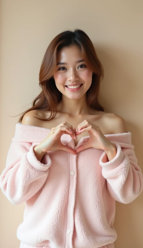 Only one woman with a cute smile wears cute, fluffy off-shoulder pajamas, makes a big heart shape with both hands, and poses them in front of her chest, View above collarbone、The background is a monotone ,Nude,bare

