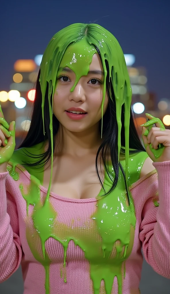 Cinematic photograph of Vietnamese teen covered in dripping green slime. Wearing off-the-shoulder pink sweater. f/1.4 aperture. hyper-realistic style. (Vietnamese teen: 1.1). black hair. Long fake eyelashes. Slime. 50mm. 8k. Masterpiece. New York city in background. Bokeh. Nighttime. Glistening liquid. Raw photo. Delicate eyes. Instagram influencer makeup. Small cleavage. Vietnamese Instagram influencer. Vietnamese model. Sexy Vietnamese girl. (Surprised: 1.3), hands on her face is shock