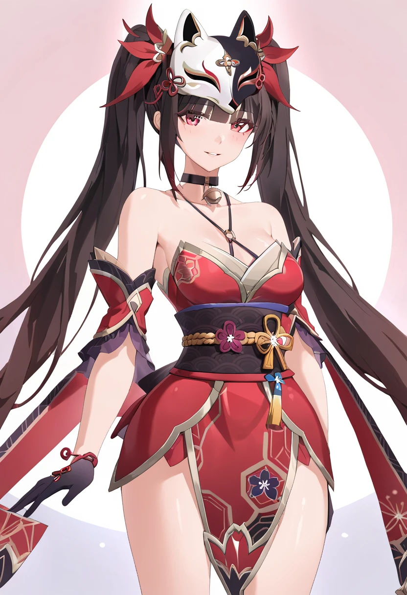 ((best quality, amazing quality, very aesthetic, highres, incredibly absurdres, retouched, smooth lines, excellent color,shiny skin )), twintails, hair ornament, off shoulder kimono, mask on head, detached sleeves, choker, obi, single glove, cross-laced sandals, wristband, criss-cross halter, thigh strap
