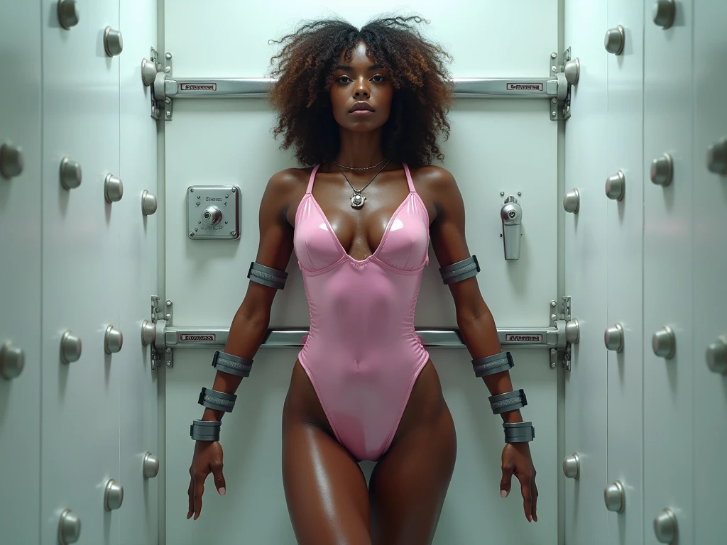 naked african girl in asylum, white padded room, white restraints

