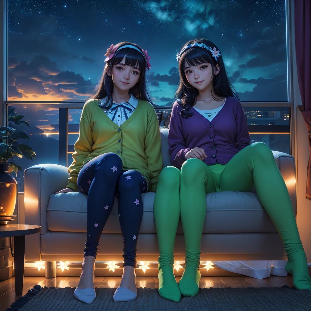 Two Women .(Nightsky.starry).window (8k)  Inside  room. (Selfee) .  colorful. cardigan. Pajama. Ribbon. Sofa sit. green light .socks. (leggings)shortcut hair(flower pattern ))longhair. Headband. Smile