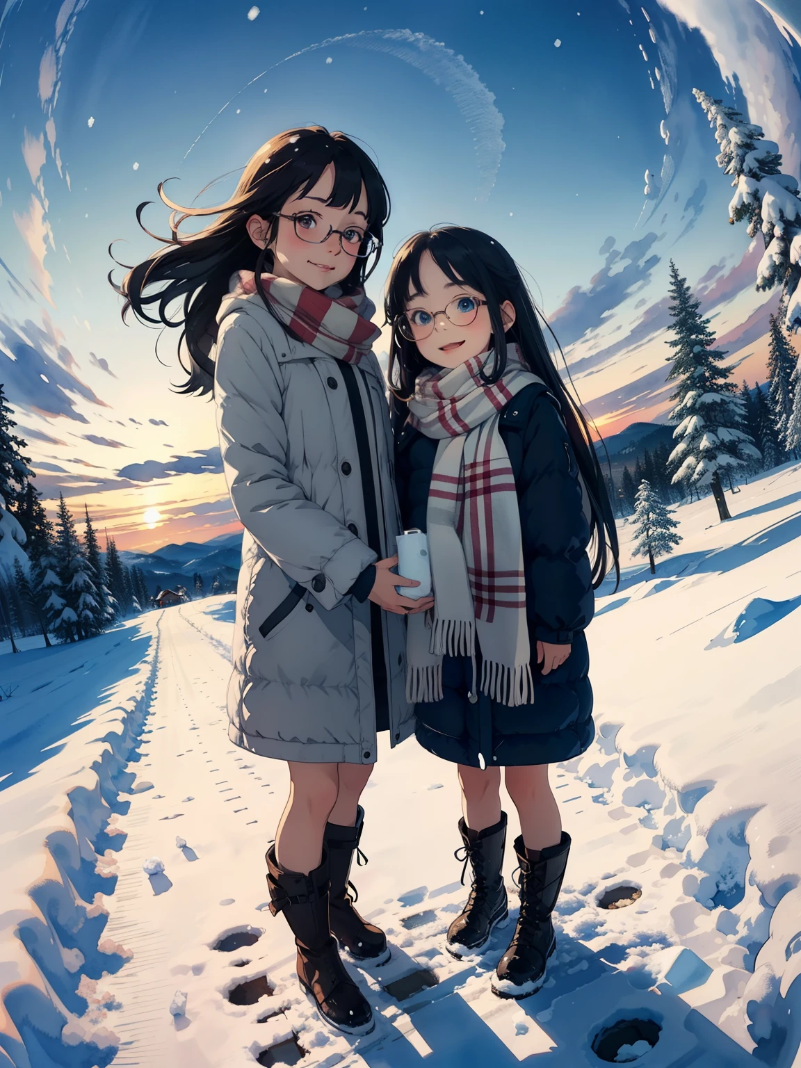 masterpiece，   best quality， High image quality ，(   super flat   ,     Flat Shading  )，   Fisheye Lens   ，Beautiful petite trained young mother and very cute trained daughter:1.25，    warm scarf， (naked)，Long Hair, Glasses，   boots, smile, smile, White Breath，fun, play, winter, snow, 新snow，dusk，   beautiful sunset   ，Wide angle,    bright color , watercolor, Ghibli Style，Strong winds，   girl&#39;Lure，