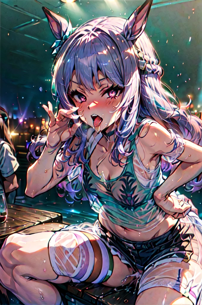 masterpiece, best quality, extremely detailed, 1 female,black hair,(((blue shiny shorts)))(((blush、open mouth smile)),(((MejiroMcQueen,umamusume))),crowd,(((white see-through tank top)))(baby girl body shape)(((small breasts)))sexy pose, (sit, spread_legs:1.1), ((hands on own hips, nightclub)),Nipples visible through clothes, vagina visible through clothes,air oral sex、ahegao, sex slave,