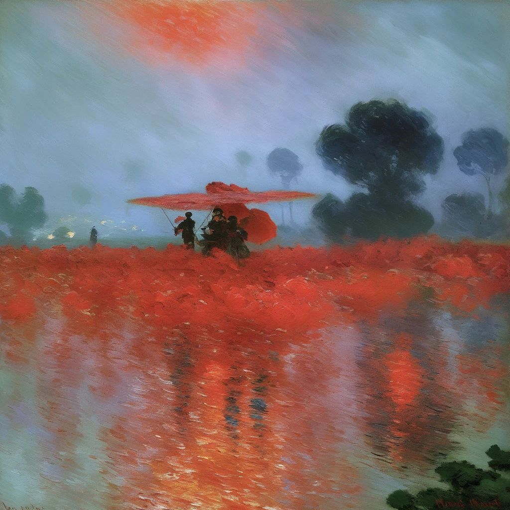 (impressionism by monet:1.35), oil painting, dark theme, Absurd resolution, high resolution, (masterpiece: 1.4), hyper-detail, a mech, red armor with red wings, floating flight in the sky (1.8) background is wild, fire