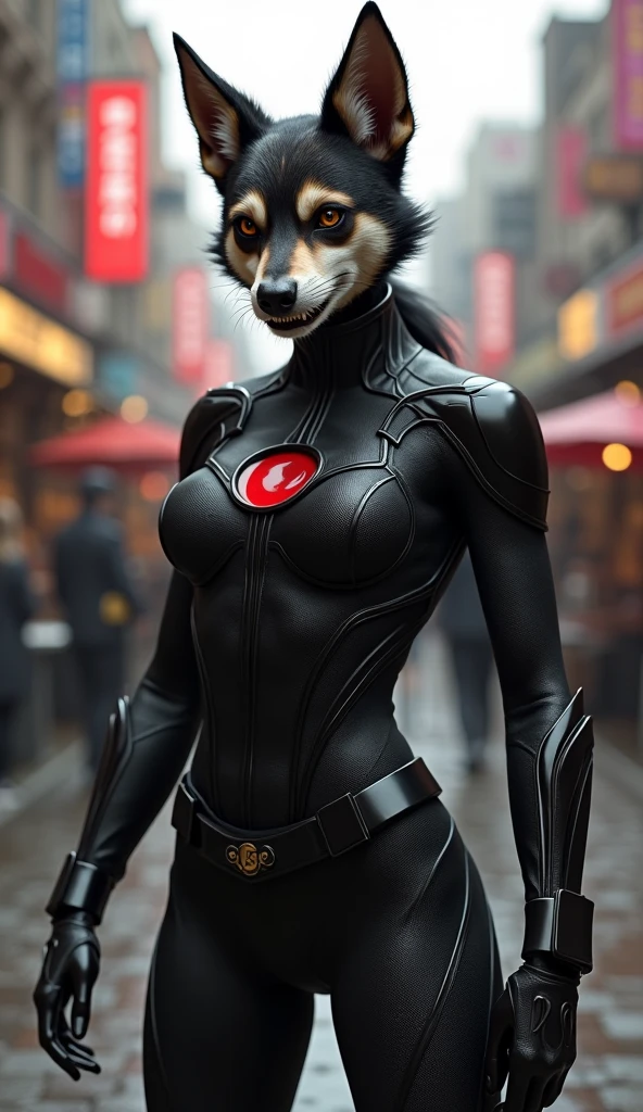 Female dog with human body and black widow uniform, realistic image in a popular environment