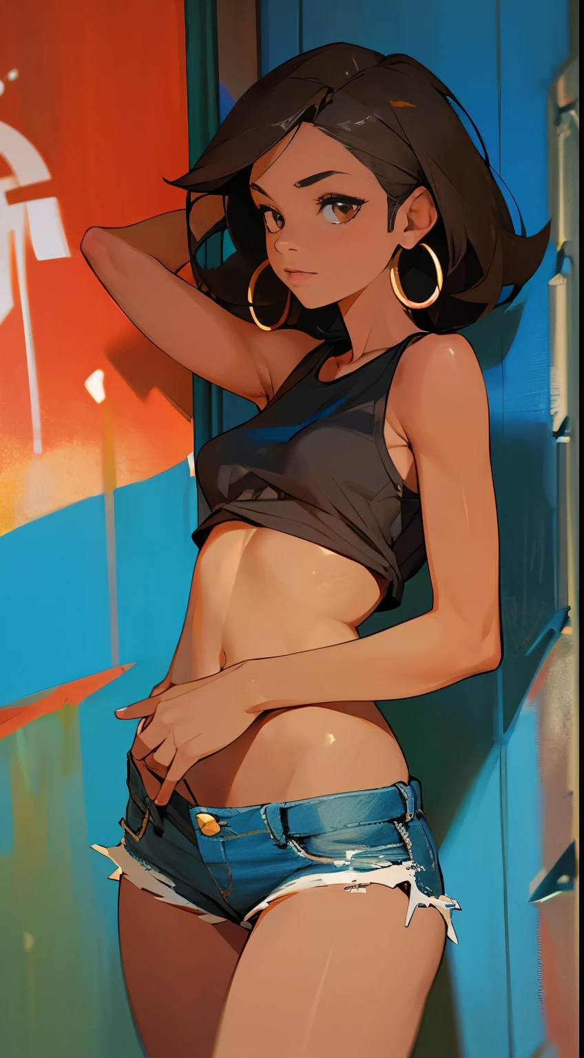 realistic photo, best possible quality, night, street with alley and graffiti on the walls, young black african woman, 20 years old, brunette with brown eyes, large hoop earrings, very short brown african hair, perfect body, well-defined hips, wears short revealing tank top, large cleaveage, open denim shorts that show the black panties, sensual and mischievous look, makeup