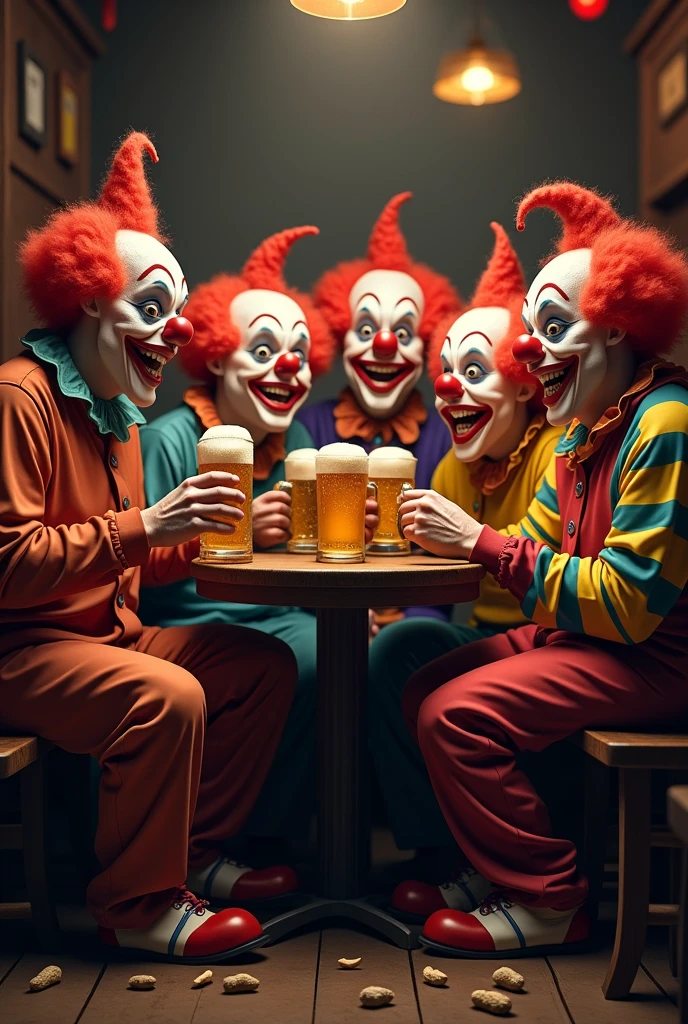 Two friends are hugging, smiling for the photo, and drinking whisky straight from the bottle. One friend is dressed as a killer clown with bloodstains on his clothes and face. He has sharp teeth and glowing eyes. The other is dressed exactly as Ghostface, the iconic character from the horror movie Scream, and is holding a knife. They are both having a lot of fun, but even so, they are frightening to look at. The two are perfectly framed in the image, with no part of their arms cut off, ensuring that the entire scene is visible