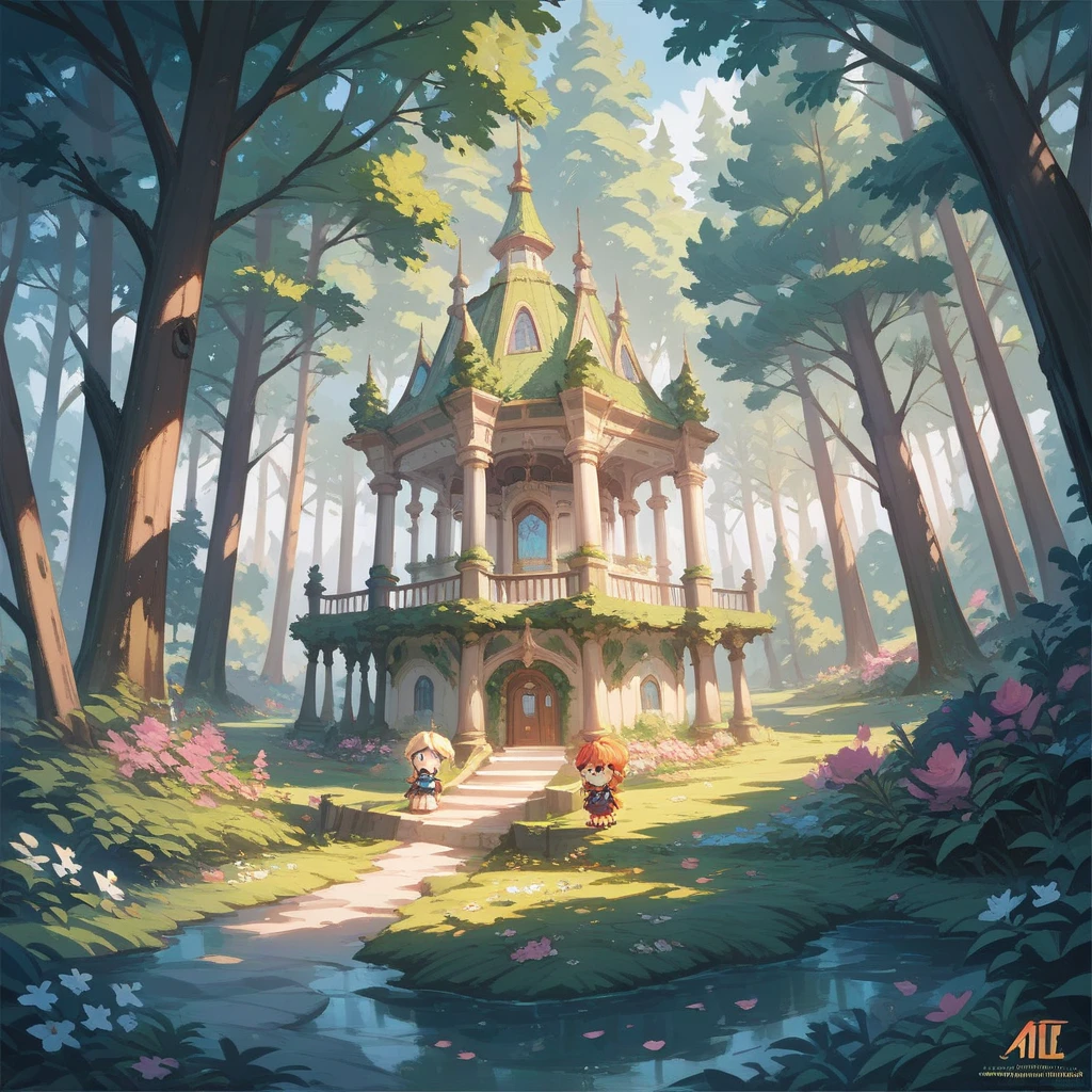 Flowers forest , background, pavilions, magnificent, exquisite, beautiful, masterpiece, beautiful details, official art,chibi