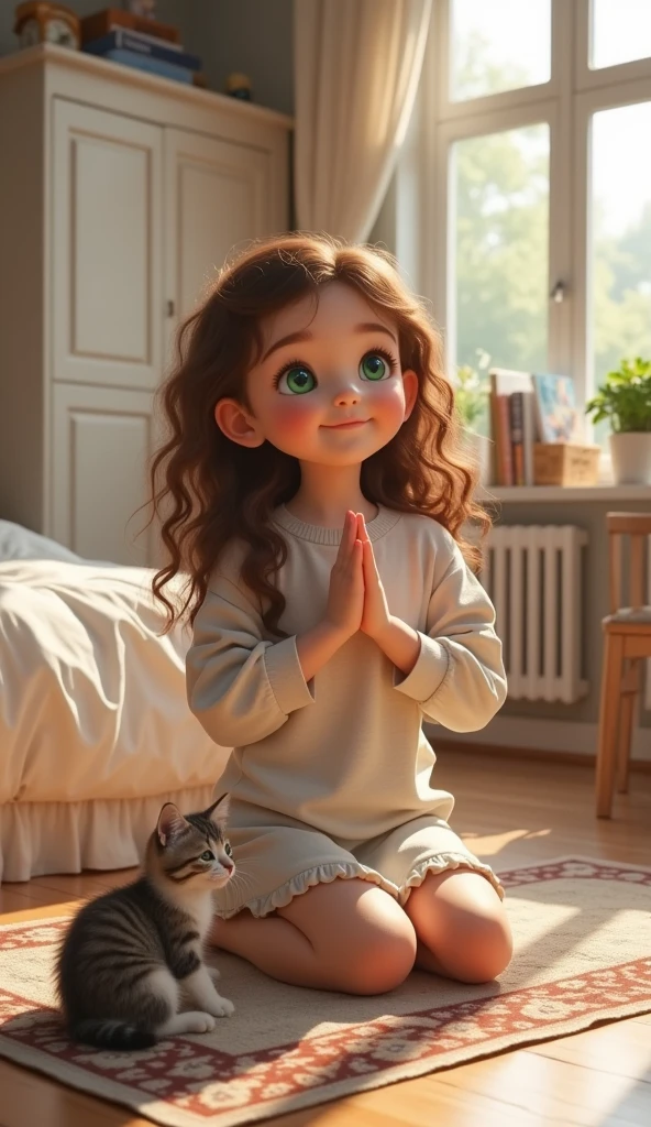 Raise a  girl with big green eyes Long curly hair, in a room where there is a bed, a white wardrobe, a rug On the floor with A kitten is lying down and she is on her knees on the floor near the bed praying 