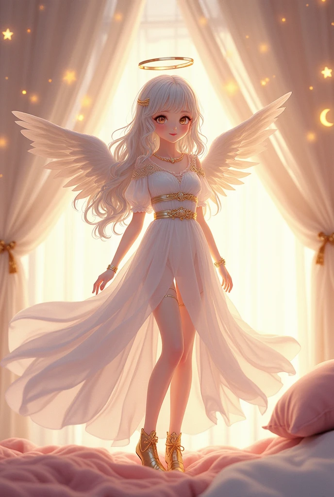 Beautiful, teenage, youthful anime angel girl
Flowing, white, and gold, long, layered dress with ethereal chiffon fabric inspired by lace and tulle gold and silver accents, silver belt cinching the waist. Large, delicate white feathery wings with a soft feathery texture, long, shoulder length silver hair with waves, radiant, flawless skin with subtle shimmer, golden jewelry, white bottoms inspired by celestial patterns, gold ankle boots. Youthful, glowing skin, glossy lip color, soft blush, bright, expressive eyes with light mascara. Canopy bed draped with sheer, gauzy curtains, glowy star decals on ceiling, moon shaped lamps, soft, pink faux fur rugs, soft, pink pillows, high detailed hyper anime, 4k, uhd, best quality, 5'6 height, high details, perfect image, pretty clothes, beautiful image, masterpiece, beautiful, expressive eyes, luxorious clothes, rich looking, anime style, pretty face, hyper detailed, futurism, in bed.