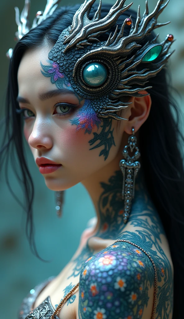 Full nude body photo of a mature woman, female demon of royal demonic heart, cursed tattoos , dark and bloody jewelry, intricate details,faded,extremely detailed eyes, very detailed eyes,4k resolution, blue flame levitating above the ground, nikon z9,Scary village,stalker,Stone forest in China's Yunnan province, under the rain. thunderstorm