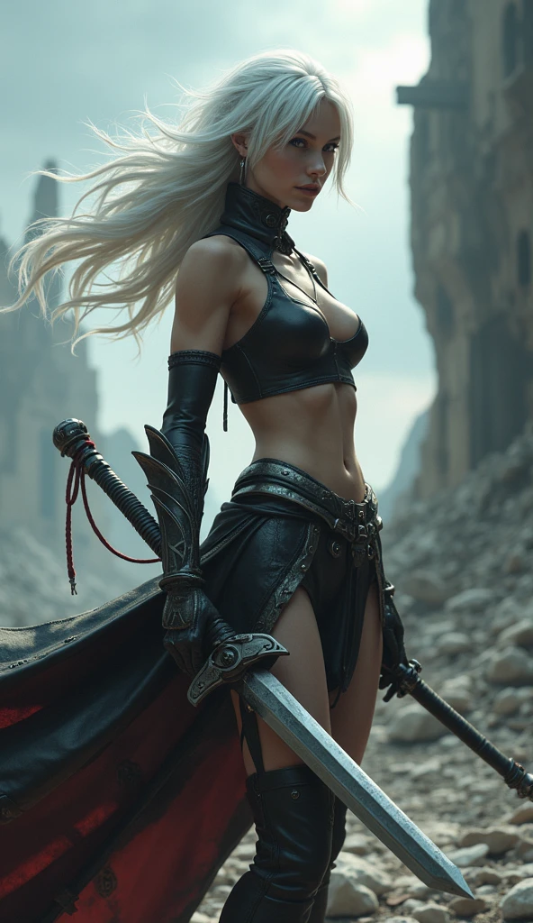 (masterpiece),(Highest quality),(High resolution),(Super detailed),8k,wallpaper,(Best illustrations),(One Woman),(front:1.6),(blonde),(ponytail),(Sexy black high leg bodysuit),(See-through tights),(boots),Japanese sword,Dynamic pose,Upper body portrait,Japanese sword,Crazy Details,Intricate details,((Anatomically correct)),Dark Alley
