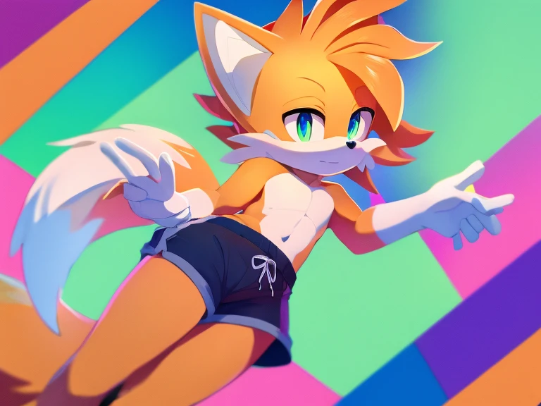 Colorful background, beautiful, very high quality, fox boy, Tails, thick hair, detailed body, shirtless, shorts 