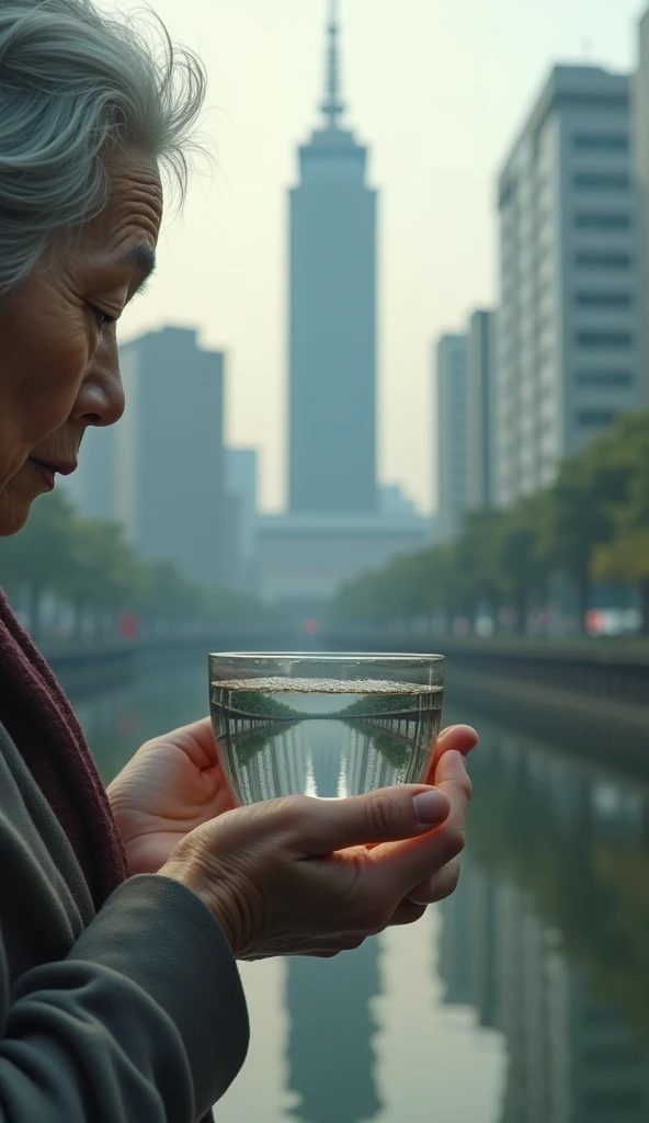 The Tokyo Metropolitan Government Building reflected in the water in a cup held by a young old woman