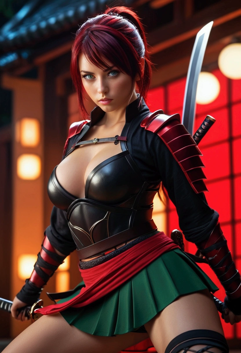 woman wearing sexy black and red mobile legend hero armor, ninja theme, action pose with fantasy katana sword, in a fantasy world, fantasy bokeh effect, cinematic light, realistic photography, wide angle shot, super realistic, real human, ig model, cutesexyrobutts, thick and curvy body, curvaceous body, accentuated curves with wide hips, stunning green eyes, dark red hair, cinematic lighting, rich color palette, fantasy ninja compound background, 4k, photorealistic, masterpiece, teardrop shaped small breast, pleated mini skirt, erotically on all fours 