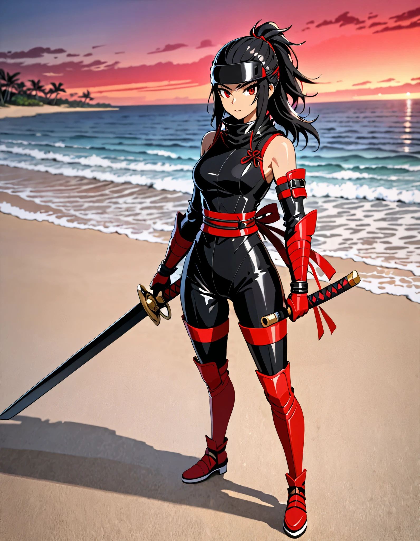 best quality, masterpiece, hires, 8k, solo, solo focus, 1female, female ninja assassin with highly detailed katana sword, sleeveless, black and red high-leg wetsuit, bare legs, red belt, matching gloves, matching thighhigh boots, standing straight, empty beach backdrop, dusk, outdoors, full body shot