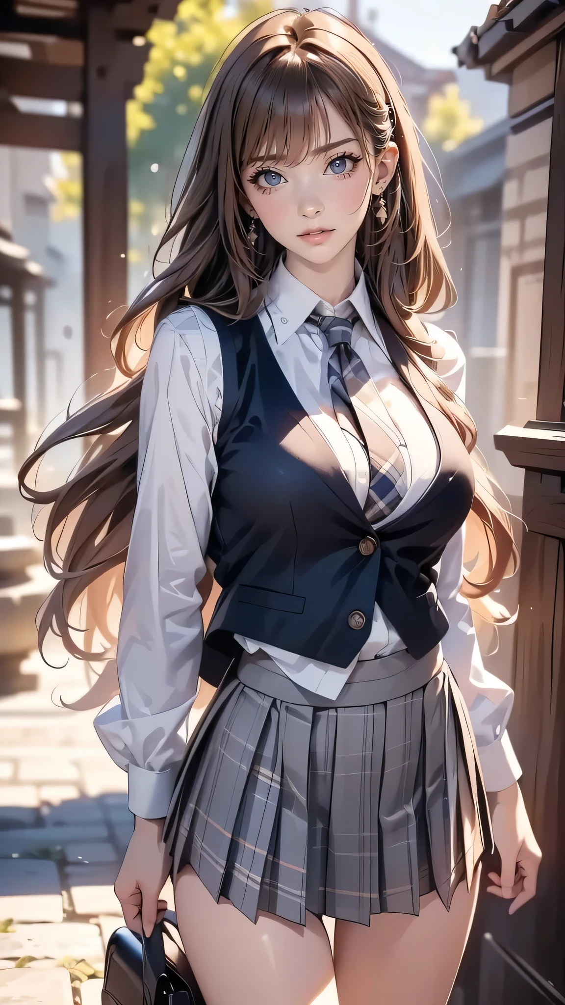 (masterpiece:1.3, top-quality), ultra high res, ultra detailed, (realistic, photorealistic:1.4), beautiful illustration, perfect lighting, colorful, depth of fields,
looking at viewer, (face focus, upper body), 1 girl, solo, hight school girl, gravure model, (large breasts:0.8, large ass, seductive thighs, skindentation),
(long hair:1.2, straight hair:1.2, (saddle-brown colored) hair), asymmetrical bangs, (brown) eyes, drooping eyes, big eyes, shiny skin, slender,
beautiful hair, beautiful face, extremely detailed face, beautiful detailed eyes, beautiful clavicle, beautiful body, beautiful chest, beautiful thigh, beautiful legs, beautiful fingers,
(detailed cloth texture, grey plaid tie, (navy knit vest), collared long sleeve white shirt, grey plaid pleated skirt), black socks, white panties, black school bag,
(beautiful scenery), morning, (downtown), walking, (lovely-smile),