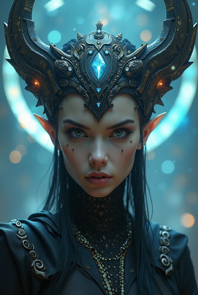 a close up of a woman with a large head and a large horned face, cyberpunk robotic elvish queen, gothic cathedral, beautiful necromancer, dressed as emperor, cg art, starcraft, with a spine crown, masterpiece goddess of sorrow, inspired by Victor Adame Minguez, naivistic art, still from marvel movie, by Andrei Kolkoutine --auto --s2