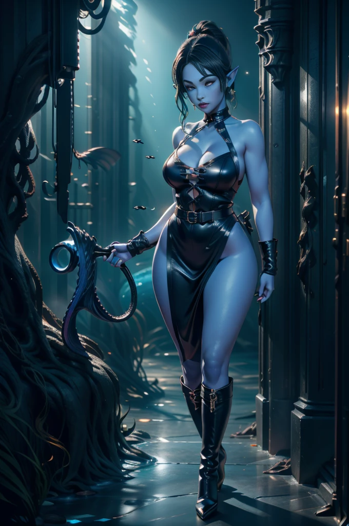 A female sea elf with light blue skin, blue skin, sexy blue skin, green hair long ponytail, and blue eyes, elf ears, wearing a sexy black dominatrix costume, with a black harness, high heeled boots, in a full body pose, holding tentacle whip, underwater, (best quality, 4k, 8k, highres, masterpiece:1.2),ultra-detailed,(realistic,photorealistic,photo-realistic:1.37),detailed fantasy character, hyper realistic, highly detailed face, intricate details, dramatic lighting, sci-fi, cinematic, moody atmosphere, cinematic lighting, dramatic lighting, vibrant colors, depth of field