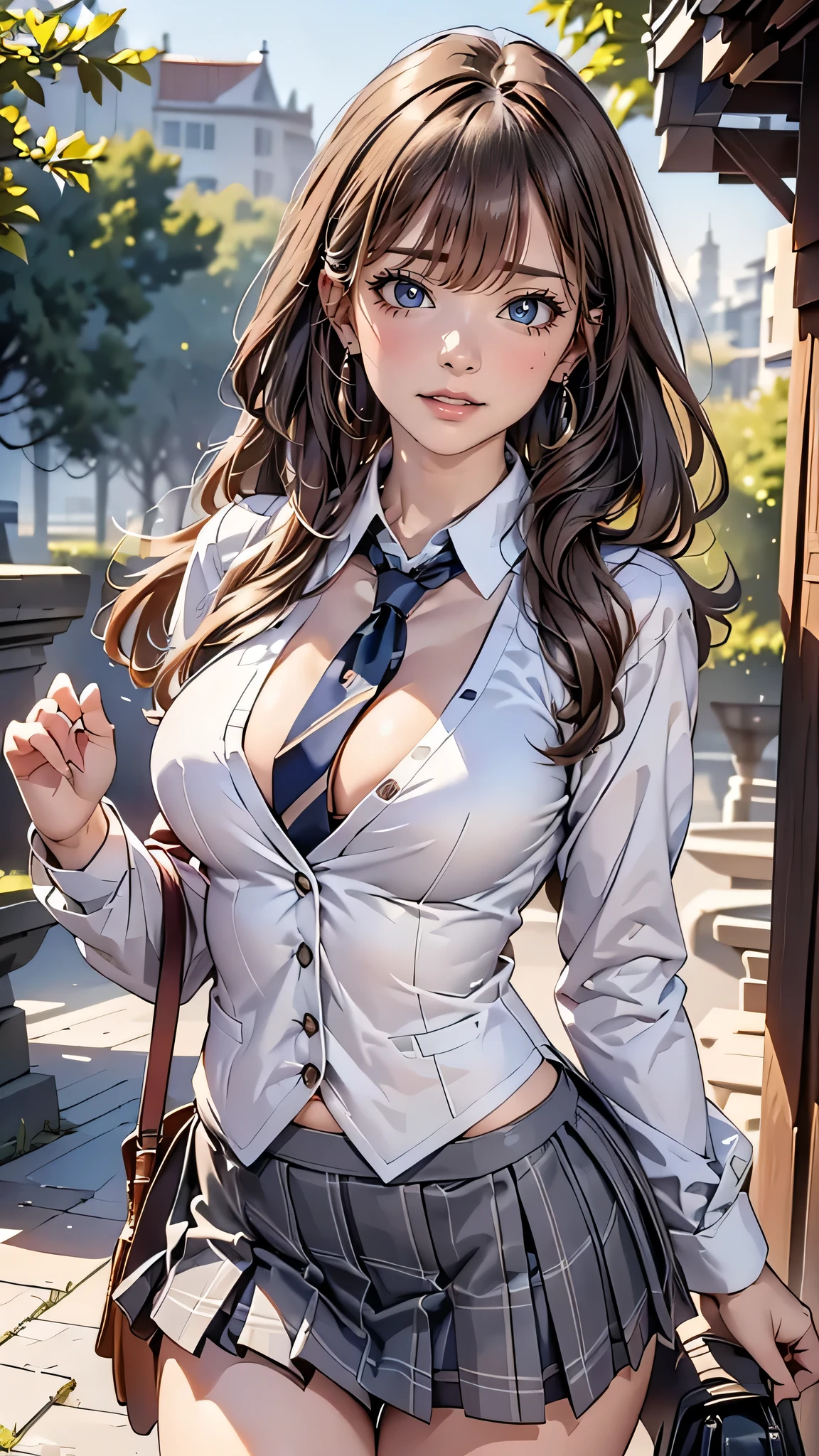 (masterpiece:1.3, top-quality), ultra high res, ultra detailed, (realistic, photorealistic:1.4), beautiful illustration, perfect lighting, colorful, depth of fields, 
looking at viewer, (face focus, upper body), 1 girl, solo, hight school girl, gravure model, (large breasts:0.8, large ass, seductive thighs, skindentation),
(long hair:1.2, straight hair:1.2, (saddle-brown colored) hair), asymmetrical bangs, (brown) eyes, drooping eyes, big eyes, shiny skin, slender, 
beautiful hair, beautiful face, extremely detailed face, beautiful detailed eyes, beautiful clavicle, beautiful body, beautiful chest, beautiful thigh, beautiful legs, beautiful fingers, 
(detailed cloth texture, grey plaid tie, (navy knit vest), collared long sleeve white shirt, grey plaid pleated skirt), black socks, white panties, black school bag,
(beautiful scenery), morning, (downtown), walking, (lovely-smile), 