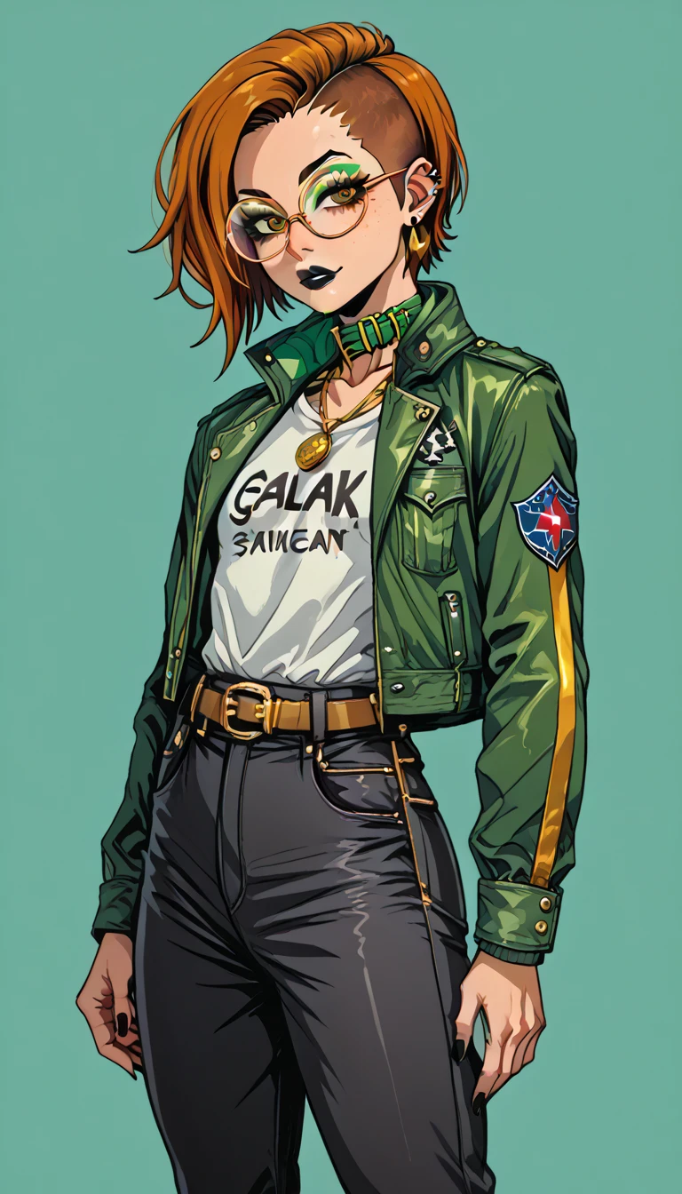 1boy;Androgynous;auburn punk undercut hair;gold eyes;freckled skin;toned,athletic body;black lip gloss;black eyeliner;green eyeshadow;sharp black nails;round glasses;black tight full shirt;black cargo pants;green belt;Green distressed Canvas Jacket;Combat Boots;amber pendant;green collar;pierced ears;GothMOONXL
