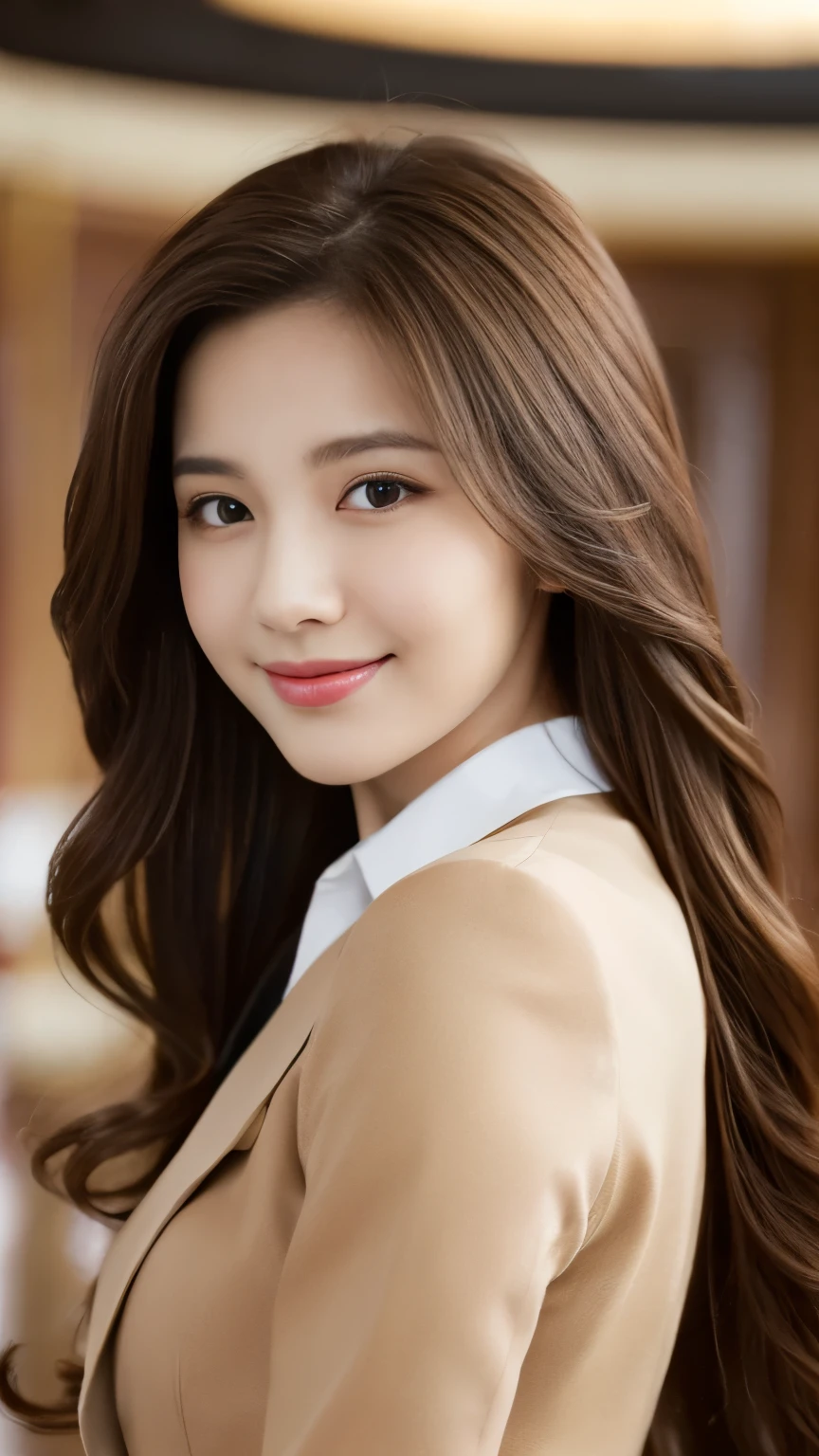 Desktop,  best quality, realistic,  super detailed, Exquisite,  high resolution, 8k wallpaper, 1 Beautiful Woman ,,  light brown messy hair , Wearing a suit ,  Sharp Focus,  Perfect Dynamic Composition , Exquisite has beautiful eyes, Sparse hair , Detailed and realistic skin texture, Smile,  close-up portrait , body curve，（（（Full body photo，D cup）））