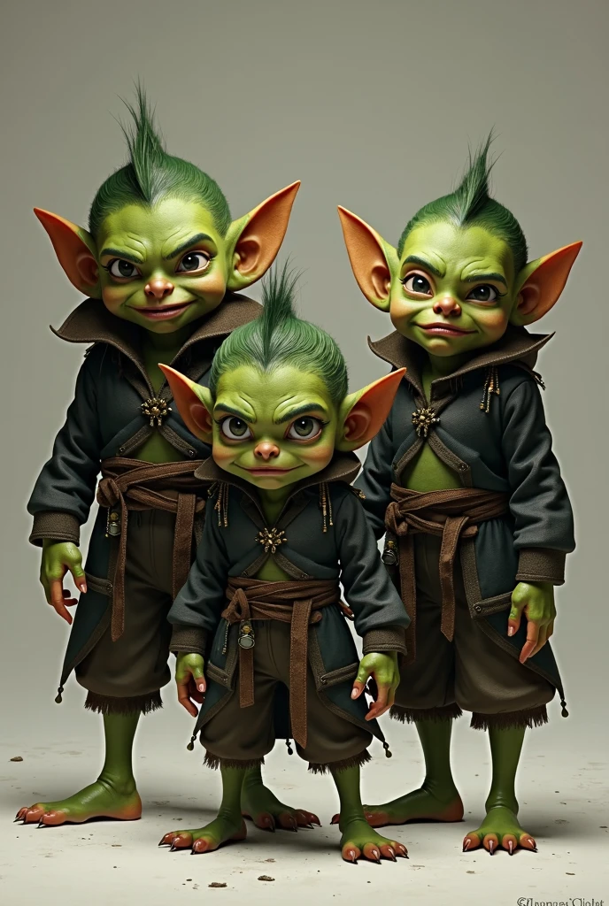 Goblin, short stature, thin body, hunched, grotesque feature, prominent nose, pointed ear, short chin, sharp teeth, green skin, female, ragged clothes, vector image