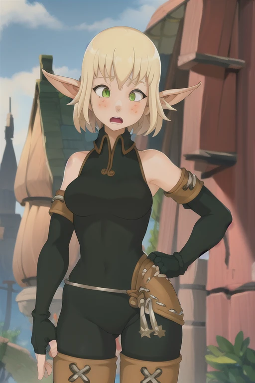 masterpiece, best quality, evangelyneold, 1girl, black gloves, blonde hair, blush, elf, fingerless gloves, gloves, green eyes, pointy ears, short hair, solo, wide-eyed, shocked, open mouth, outdoorsmasterpiece, best quality, evangelyneold, 1girl,  black gloves, blonde hair, blush, elf, fingerless gloves, gloves, green eyes, pointy ears, short hair, solo,  wide-eyed, shocked, open mouth, outdoors  